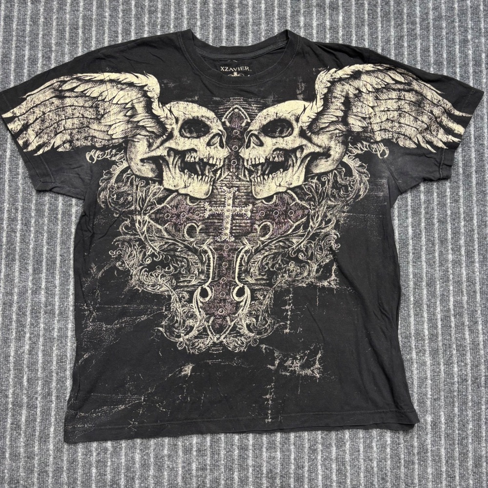 Xzavier Nostic Mens Graphic T-Shirts XL Black Skull Wing Gothic Y2K MMA Lot 2pc